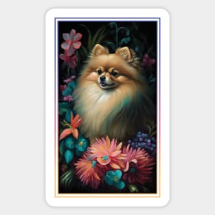 Pomeranian Dog Vibrant Tropical Flower Tall Digital Oil Painting Portrait 3 Sticker